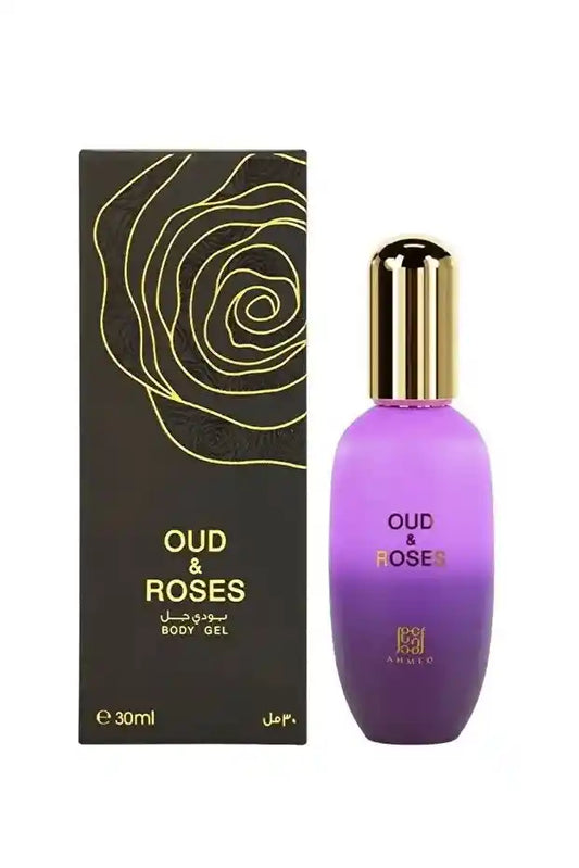 Purple bottle of Oud & Roses body gel with gold cap next to its packaging on a white background