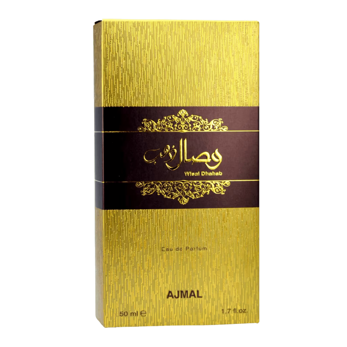A rectangular perfume box for Ajmal Wisal Dhahab , featuring a textured gold finish with a central dark brown band containing gold Arabic calligraphy and the English text 'Wadii Dhahab'.