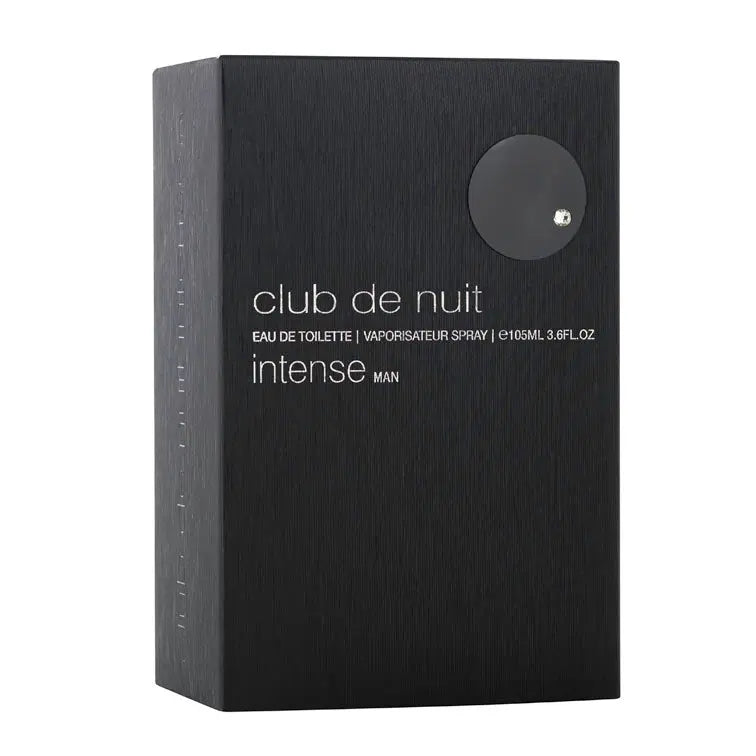 Club de Nuit Intense Man Eau de Toilette packaging box, featuring a matte black textured finish with white text and a circular cutout on the front, set against a plain white background.