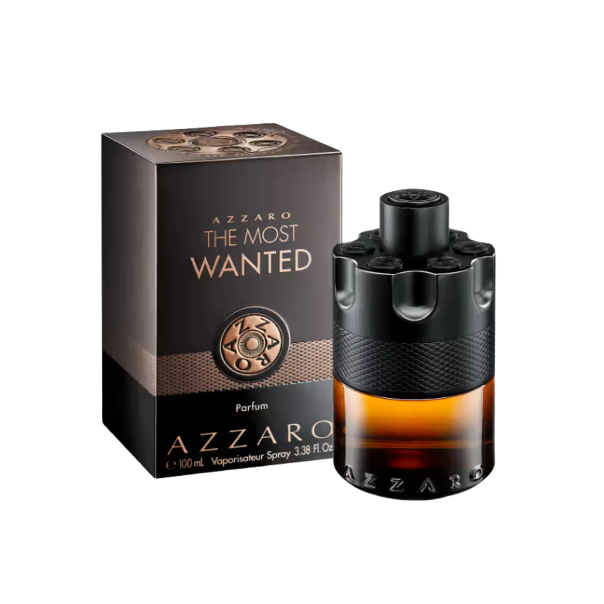 A bottle of Azzaro The Most Wanted perfume next to its dark brown and black packaging box, set against a plain white background.