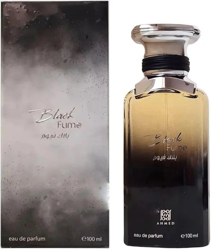 A bottle of Ahmed Black Fume Eau de Parfum next to its matching box. The perfume bottle has a gradient from gold to black, with a silver cap, while the box features a smoky black and gray design with the product name in silver script.