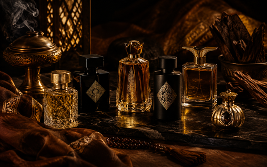 luxury arabic perfume bottle arranged on a dark marble surface with warm amber lighting