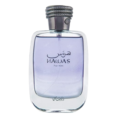 Hawas For Him Eau de Toilette bottle, featuring a clear glass body with light purple-blue tinted liquid, a silver metallic neck, and a textured silver cap embellished with rhinestones.