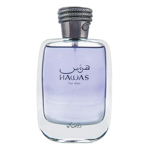 Hawas For Him Eau de Toilette bottle, featuring a clear glass body with light purple-blue tinted liquid, a silver metallic neck, and a textured silver cap embellished with rhinestones.