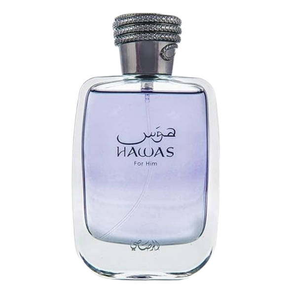 Hawas For Him Eau de Toilette bottle, featuring a clear glass body with light purple-blue tinted liquid, a silver metallic neck, and a textured silver cap embellished with rhinestones.