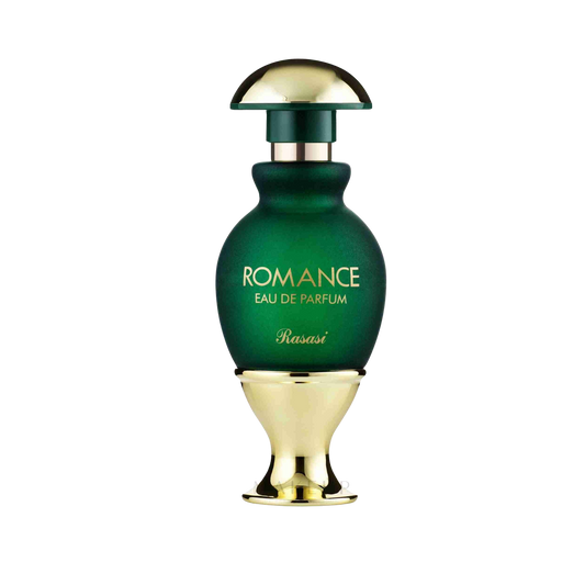A green perfume bottle with gold lettering that reads 'ROMANCE EAU DE PARFUM' and 'Rasasi' below, featuring a metallic gold base and cap, isolated on a white background.