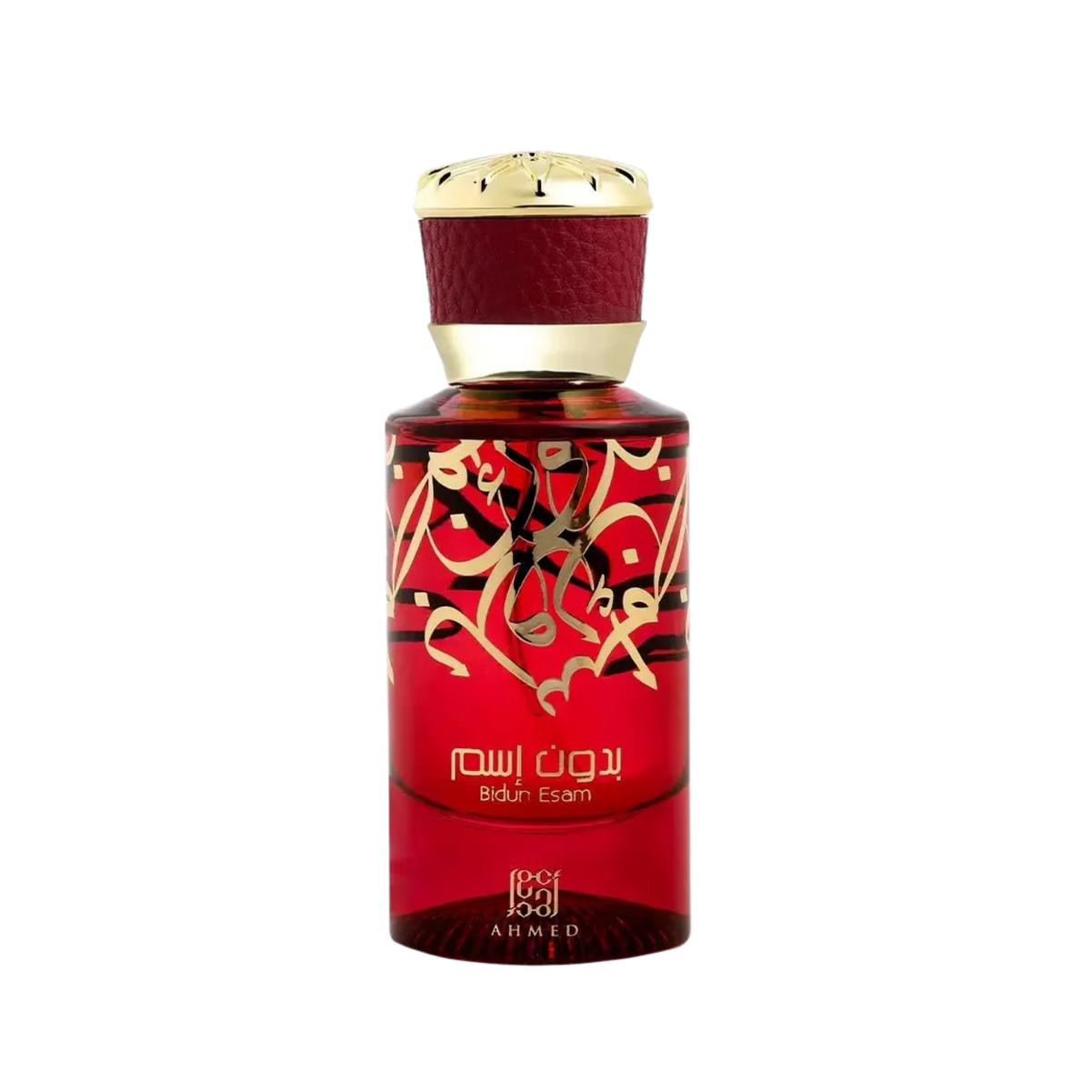 A bottle of Ahmed Ibn Al-Ahlia perfume with a deep red body, gold Arabic calligraphy, and a textured dark red neck with a gold cap, set against a plain white background.