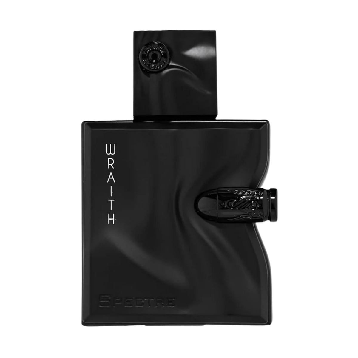 A matte black perfume bottle with a sculpted, glossy bullet-shaped spout and a matching black cap, featuring the vertical text 'WRAITH' on the front and 'SPECTRE' near the base, set against a plain white background.