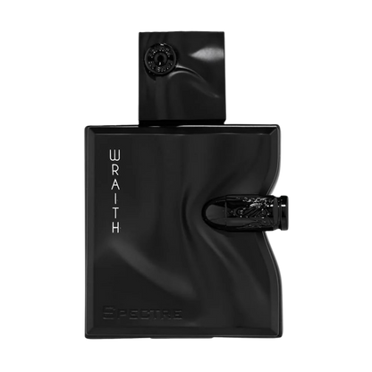 A matte black perfume bottle with a sculpted, glossy bullet-shaped spout and a matching black cap, featuring the vertical text 'WRAITH' on the front and 'SPECTRE' near the base, set against a plain white background.