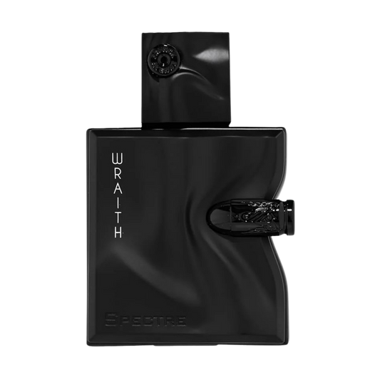 A matte black perfume bottle with a sculpted, glossy bullet-shaped spout and a matching black cap, featuring the vertical text 'WRAITH' on the front and 'SPECTRE' near the base, set against a plain white background.