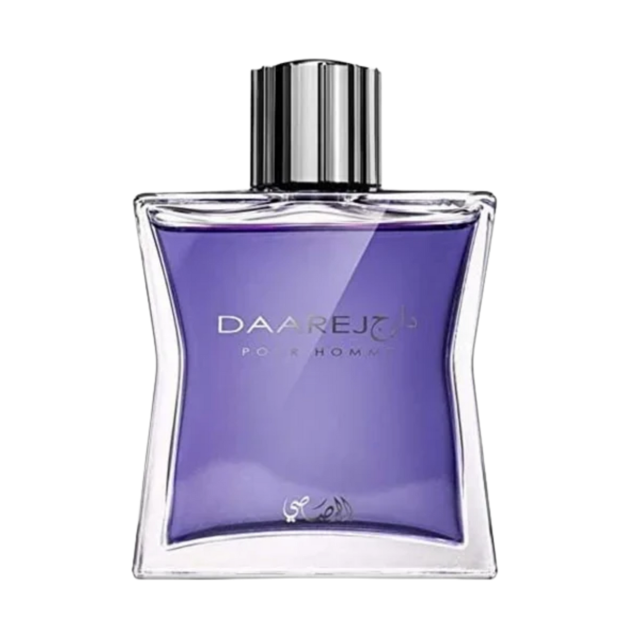 A bottle of Daarej Pour Homme cologne with a purple liquid inside a clear glass bottle and a shiny silver cap, shown on a white background.