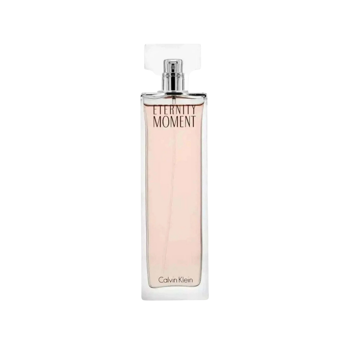 Calvin Klein Eternity Moment Eau de Toilette perfume bottle with a rectangular glass body, light pink liquid, and a clear cap, shown on a plain white background.