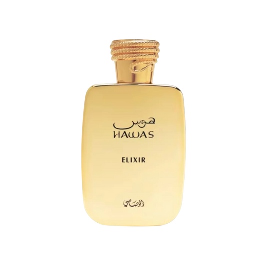 A rectangular gold perfume bottle with a ribbed gold cap, featuring the text 'HAWAS ELIXIR' in black on the front, set against a plain white background.