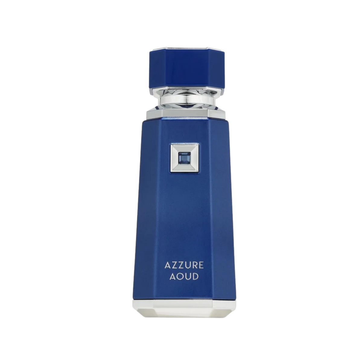 A blue geometric perfume bottle with silver accents and the text 'AZZURE AOUD' on a white background.