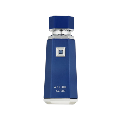 A blue geometric perfume bottle with silver accents and the text 'AZZURE AOUD' on a white background.