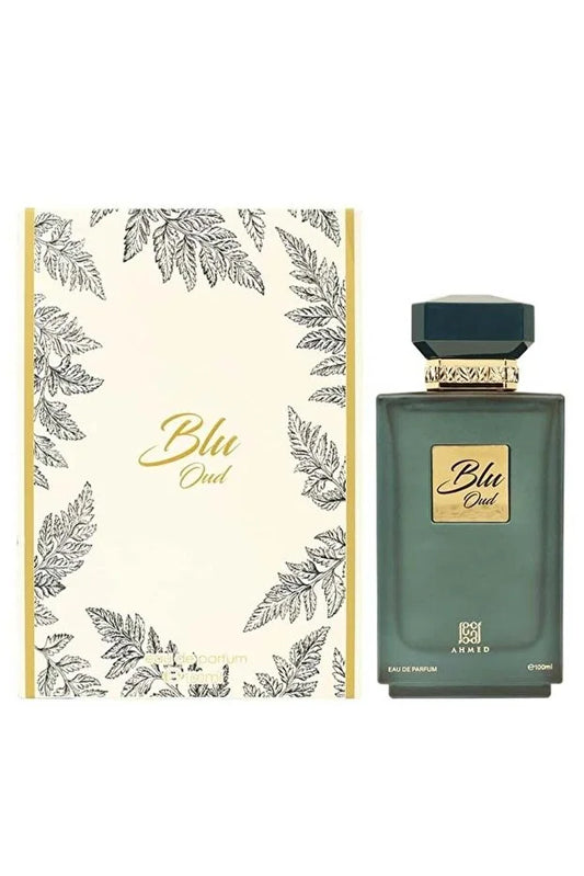 Green perfume bottle with decorative box featuring 'Blu Oud' branding on a white background