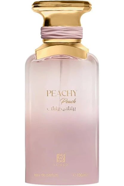 Pink perfume bottle with gold cap on a white background