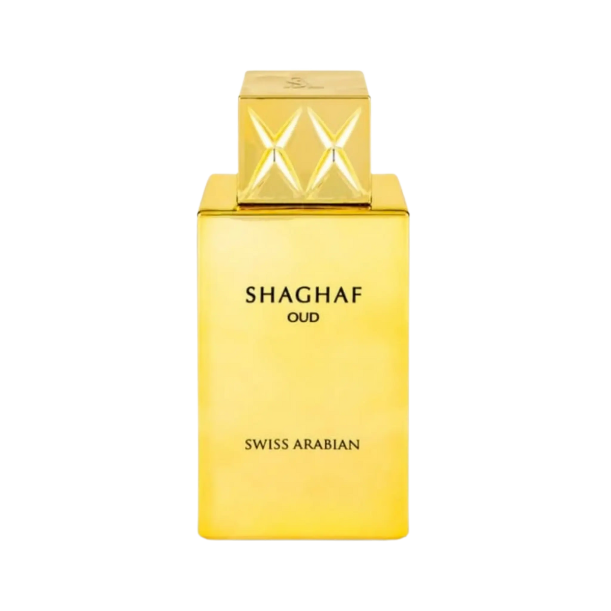 A rectangular gold perfume bottle with a matching gold cap, featuring the text 'SHAGHAF OUD' and 'SWISS ARABIAN' in black lettering, set against a plain white background at elmeira India