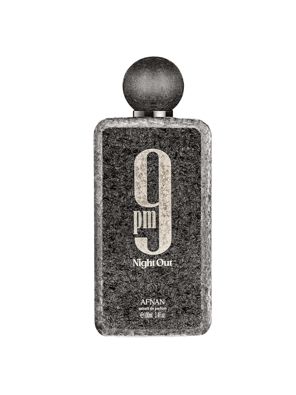 A rectangular perfume bottle with a textured dark gray and black stone-like finish, featuring a spherical black cap. The front label displays '9 pm Night Out' in distressed white typography, with 'AFNAN' and 'eau de parfum' printed below.