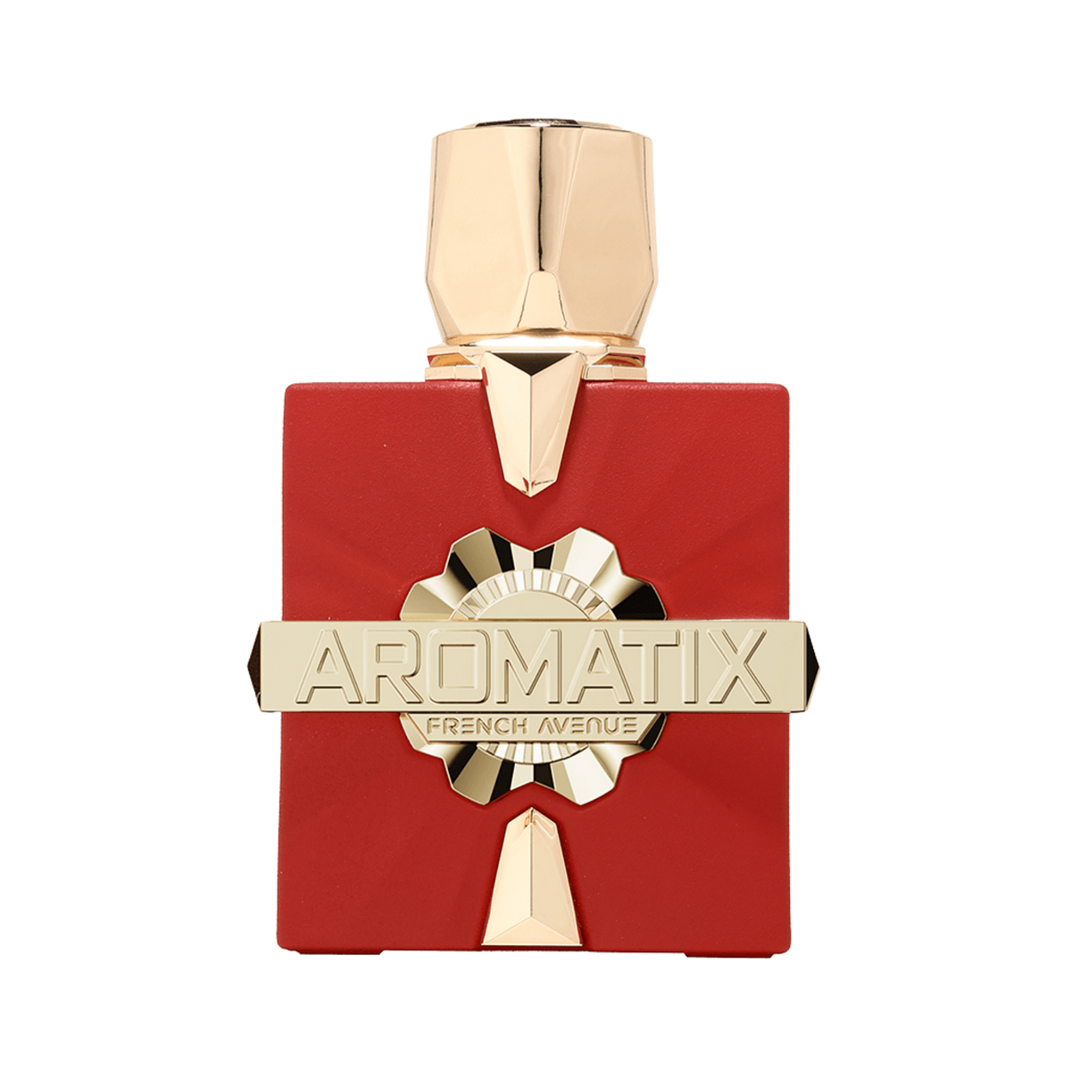 A red rectangular perfume bottle with a faceted gold cap and a gold horizontal bar across the center reading 'AROMATIX' and 'FRENCH AVENUE'.