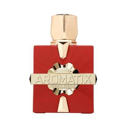 A red rectangular perfume bottle with a faceted gold cap and a gold horizontal bar across the center reading 'AROMATIX' and 'FRENCH AVENUE'.