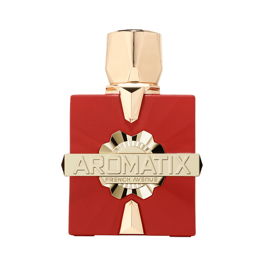 A red rectangular perfume bottle with a faceted gold cap and a gold horizontal bar across the center reading 'AROMATIX' and 'FRENCH AVENUE'.