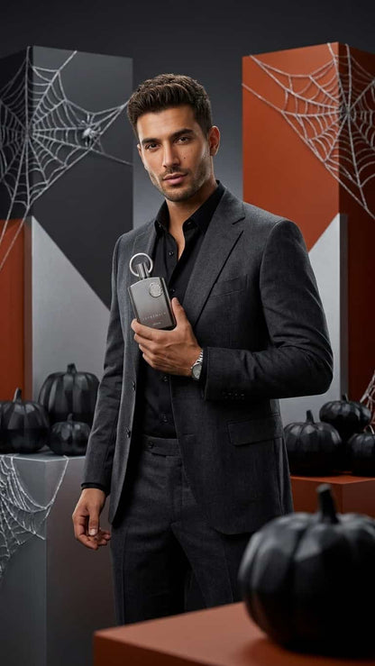 A man in a dark gray suit holds a silver electronic key fob device against his chest, posed in a Halloween-themed studio setting with black pumpkins, spiderweb decorations, and orange and gray geometric panels.