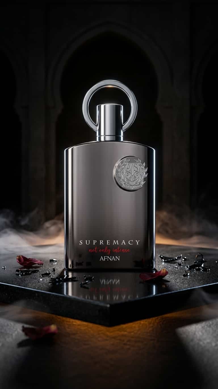 A dark metallic perfume bottle labeled 'SUPREMACY' and 'AFNAN' sits on a glossy black surface with scattered red petals in a moody, dimly lit setting with smoke and arched background details.