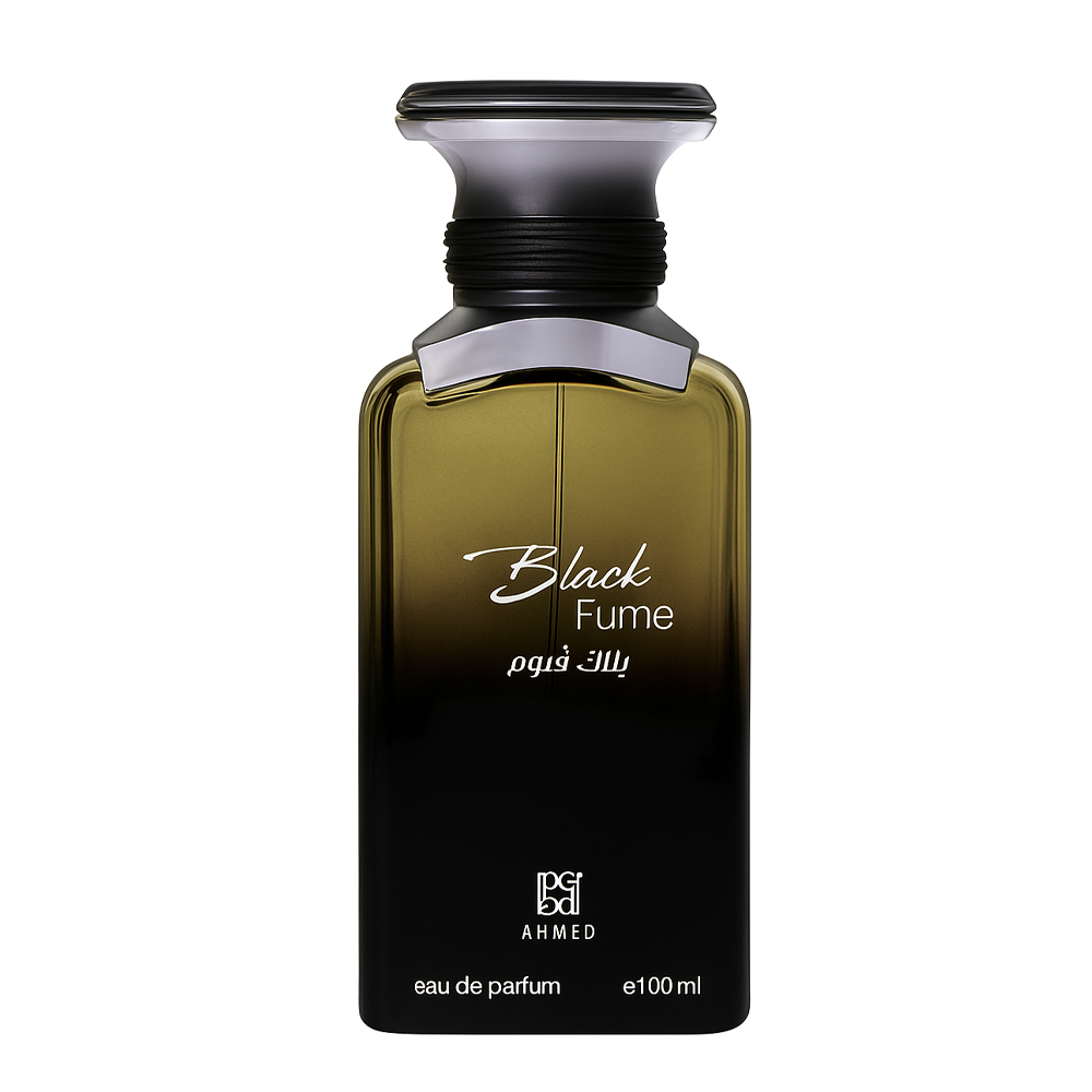 Perfume bottle labeled 'Black Fume' by Ahmed on a white background