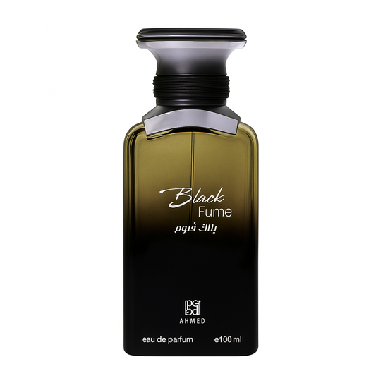 Perfume bottle labeled 'Black Fume' by Ahmed on a white background