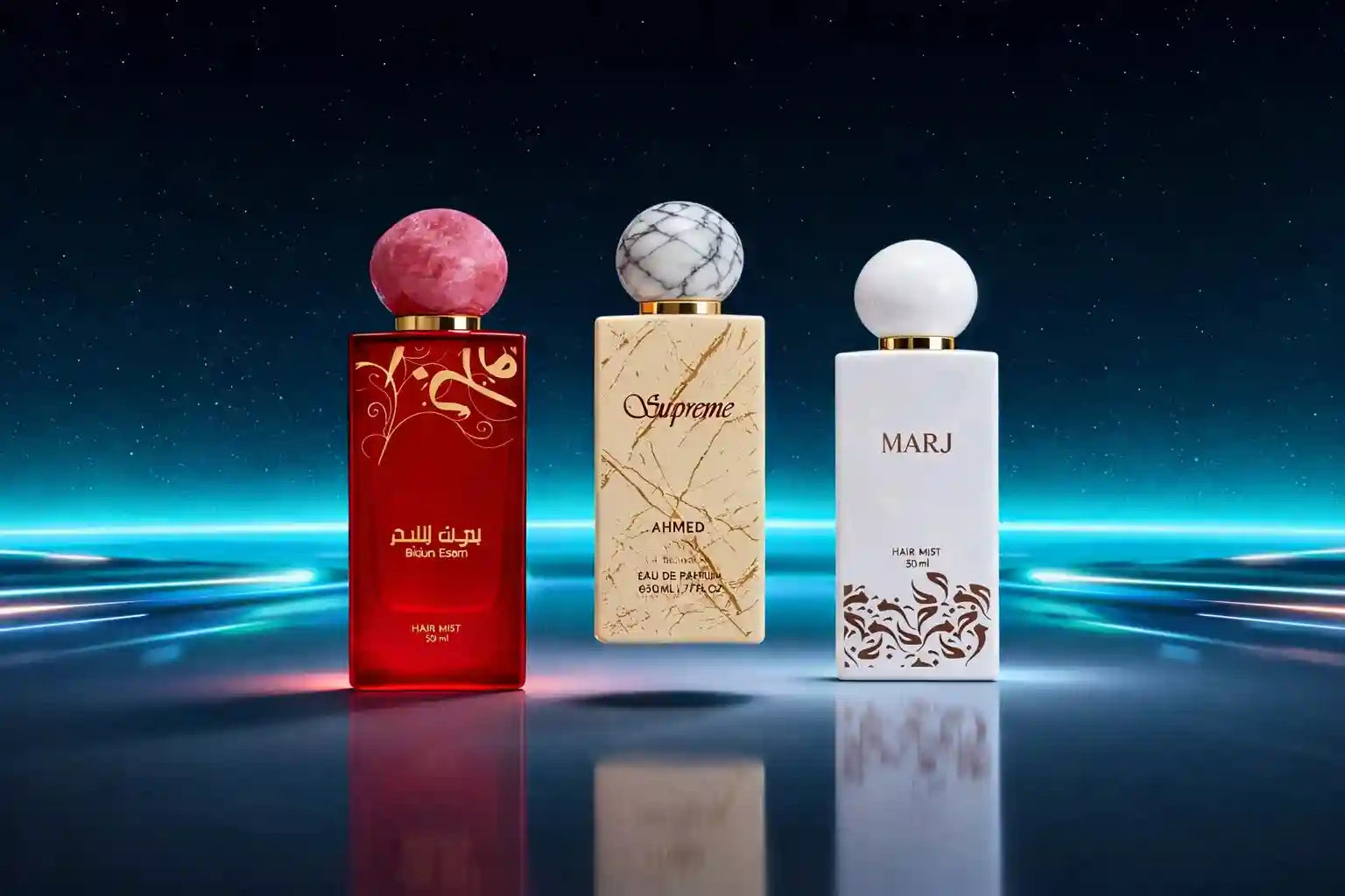 Ahmed Al Maghribi Bidun Esam, Supreme EDP and Marj Hair Mist — authentic Arabic perfumes available in India at Elmeira
