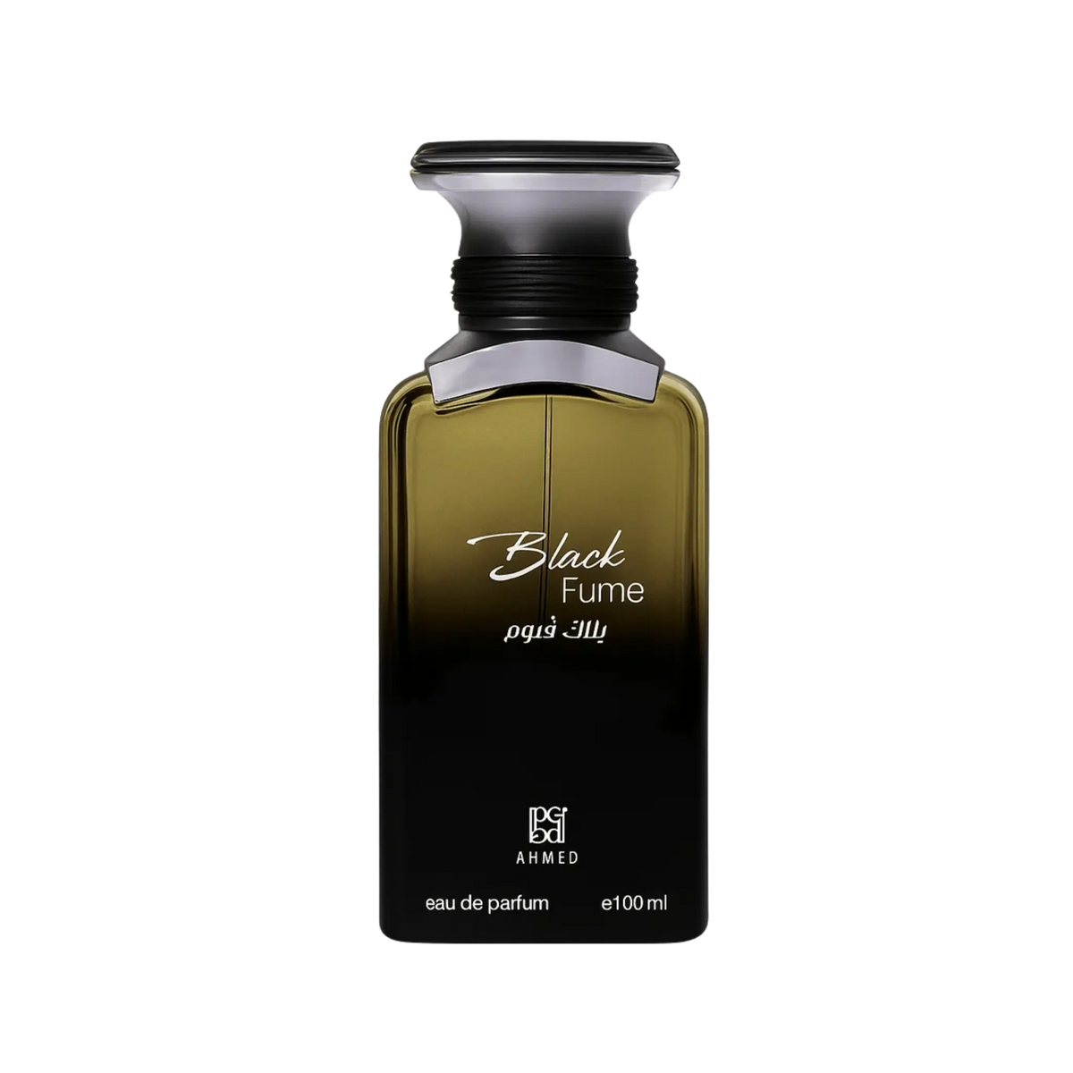 A 100ml bottle of Ahmed Black Fume Eau de Parfum, featuring a dark gradient bottle that transitions from olive green at the top to black at the bottom, with a metallic silver and black cap, on a solid white background.
