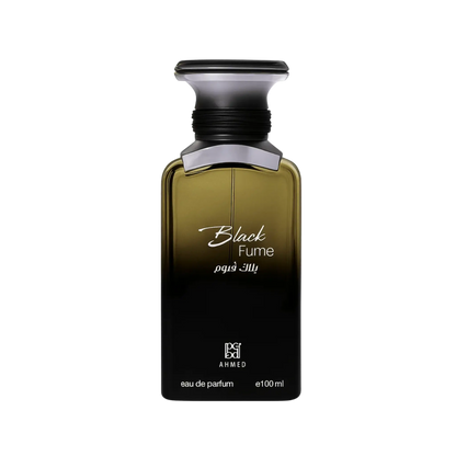 A 100ml bottle of Ahmed Black Fume Eau de Parfum, featuring a dark gradient bottle that transitions from olive green at the top to black at the bottom, with a metallic silver and black cap, on a solid white background.
