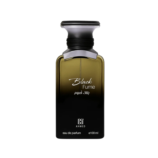 A 100ml bottle of Ahmed Black Fume Eau de Parfum, featuring a dark gradient bottle that transitions from olive green at the top to black at the bottom, with a metallic silver and black cap, on a solid white background.