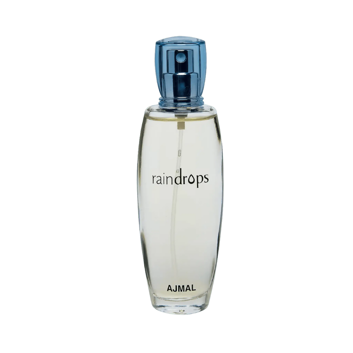 A clear glass bottle of raindrops perfume by Ajmal, featuring a metallic blue spray cap and black lettering, set against a plain white background.