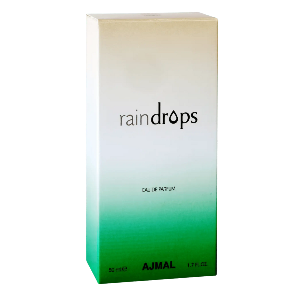A 50 ml box of AJMAL raindrops Eau de Parfum, featuring a white to green gradient design with black text.