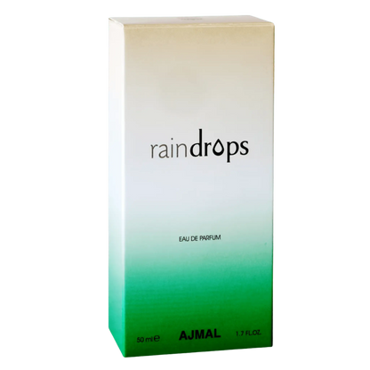 A 50 ml box of AJMAL raindrops Eau de Parfum, featuring a white to green gradient design with black text.