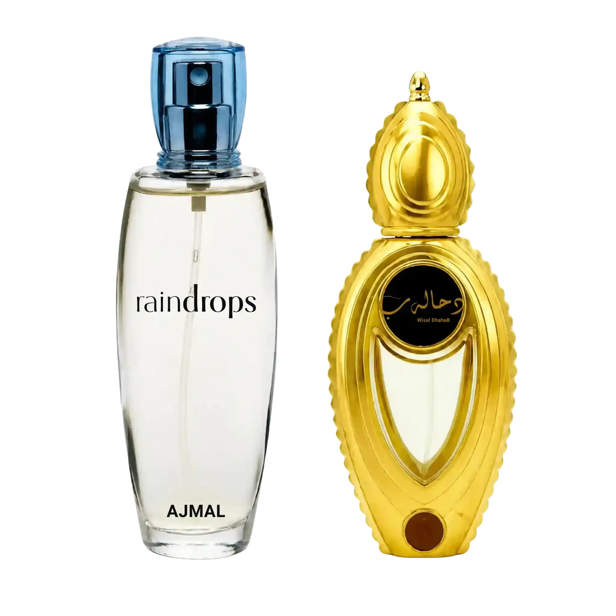 Both Ajmal raindrops and dhahbab perfumes bottles as combined 