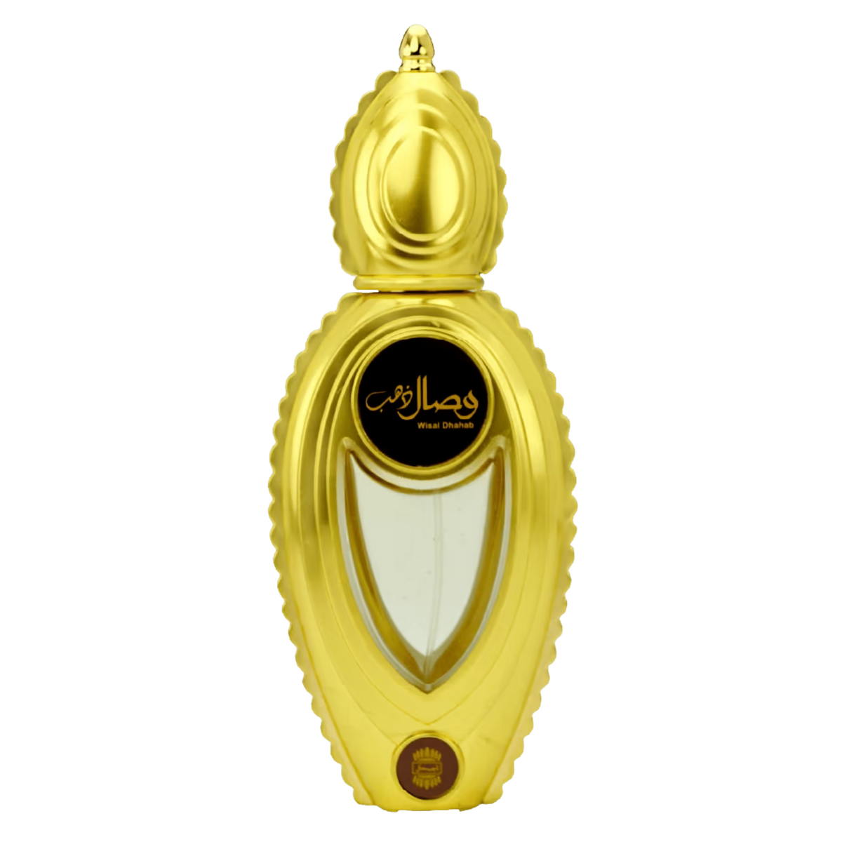 A gold-colored perfume bottle with a sculpted, ribbed cap and body, featuring a black oval label with gold Arabic calligraphy and the text 'Ajmal Wisal Dhahab '. The bottle is centered on a plain white background.