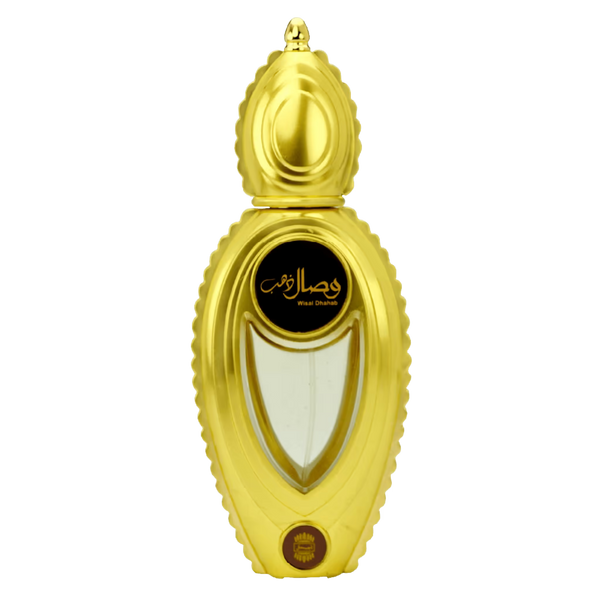 A gold-colored perfume bottle with a sculpted, ribbed cap and body, featuring a black oval label with gold Arabic calligraphy and the text 'Ajmal Wisal Dhahab '. The bottle is centered on a plain white background.