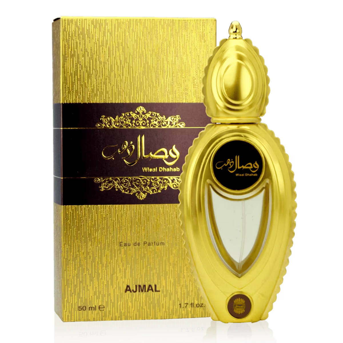 A bottle of Ajmal Wisal Dhahab Eau de Parfum with its matching gold box, displayed on a clean white background.