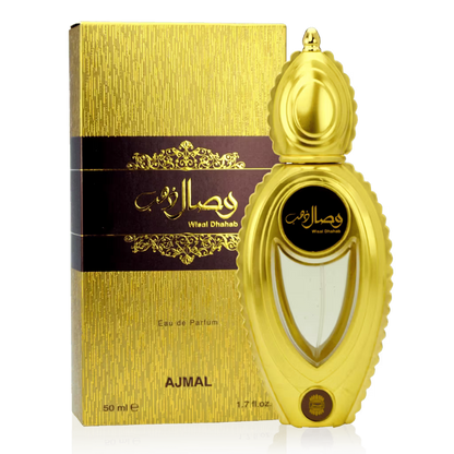 A bottle of Ajmal Wisal Dhahab Eau de Parfum with its matching gold box, displayed on a clean white background.