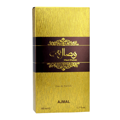 A rectangular perfume box for Ajmal Wisal Dhahab , featuring a textured gold finish with a central dark brown band containing gold Arabic calligraphy and the English text 'Wadii Dhahab'.