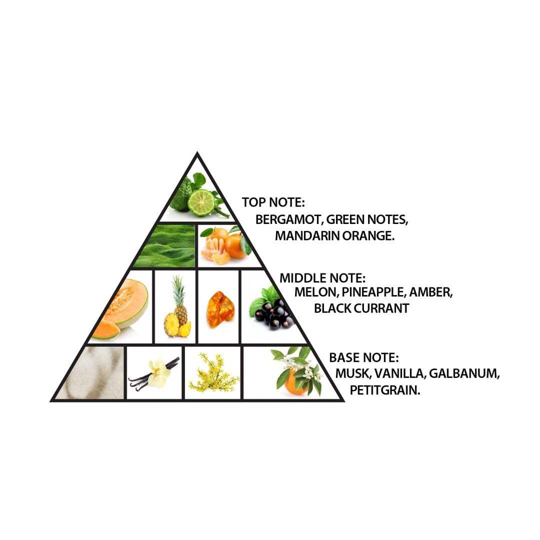 Pyramid diagram of fragrance notes with corresponding images and descriptions on a white background
