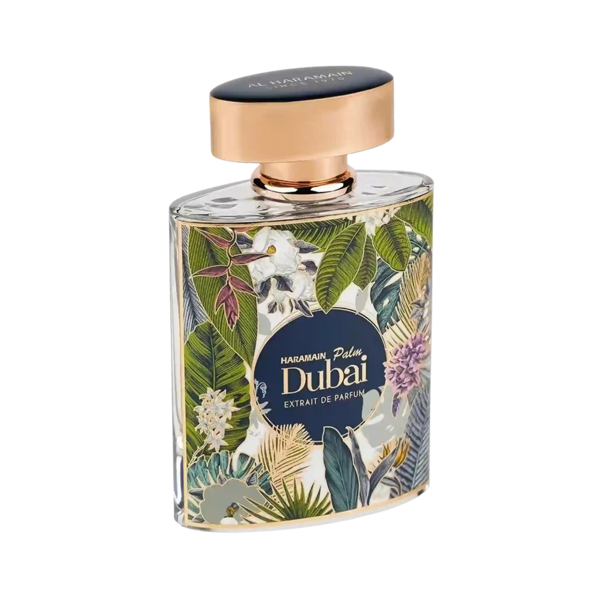 A rectangular glass perfume bottle for Al Haramain Palm Dubai, featuring a tropical floral and leaf pattern in green, beige, and purple, with a metallic rose gold cap and a dark navy blue label.