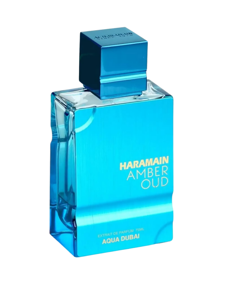 Aqua Dubai Haramain Amber Oud Eau de Parfum in a rectangular transparent blue bottle with a matching metallic blue cap, on a plain white background.