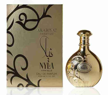 Gold perfume bottle and packaging with 'Arabiyat Prestige' branding on a white background