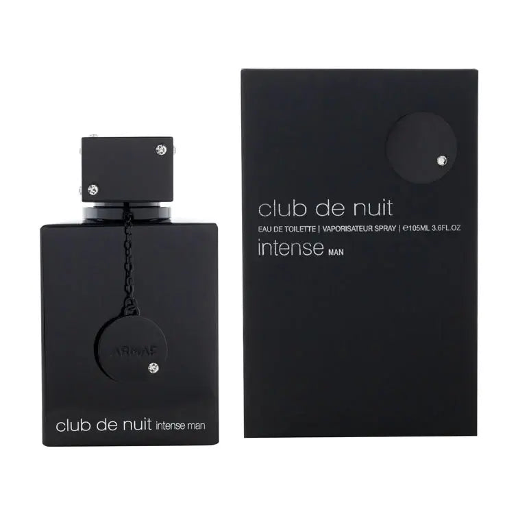 Black 'armaf club de nuit intense' perfume bottle and packaging on a white background