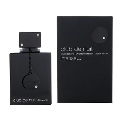Black 'armaf club de nuit intense' perfume bottle and packaging on a white background