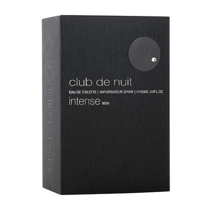 Club de Nuit Intense Man Eau de Toilette packaging box, featuring a matte black textured finish with white text and a circular cutout on the front, set against a plain white background.